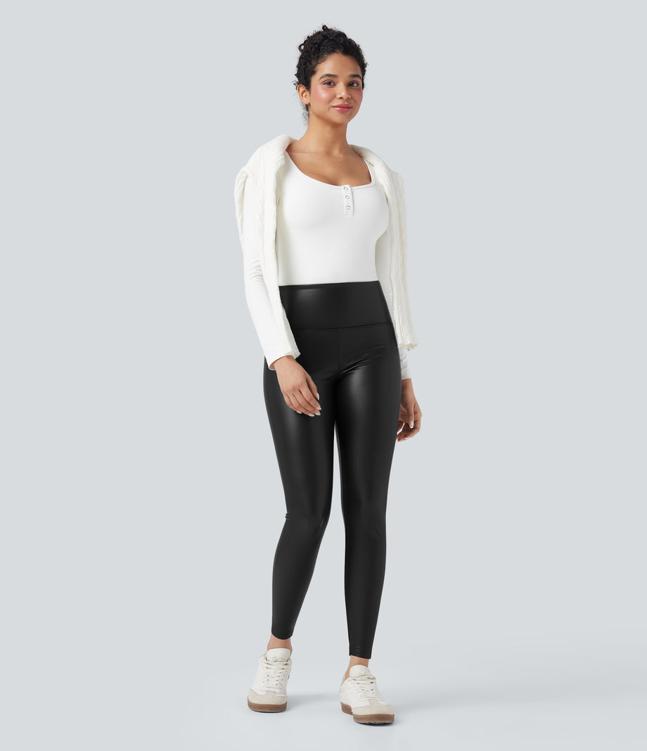 High Waisted Tummy Control Stretchy PU Fleece 7/8 Skinny Casual Leggings with Pockets - Black