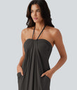 Halter Tie Back Maxi Dress with Pockets - Coffee Bean