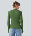 Mock-neck Long Sleeve Ruched Asymmetric Hem Thermal Casual Top - Cactus