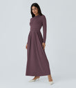 Mock-neck Long Sleeve Pocket Flare Maxi Casual Dress - Plum Wine