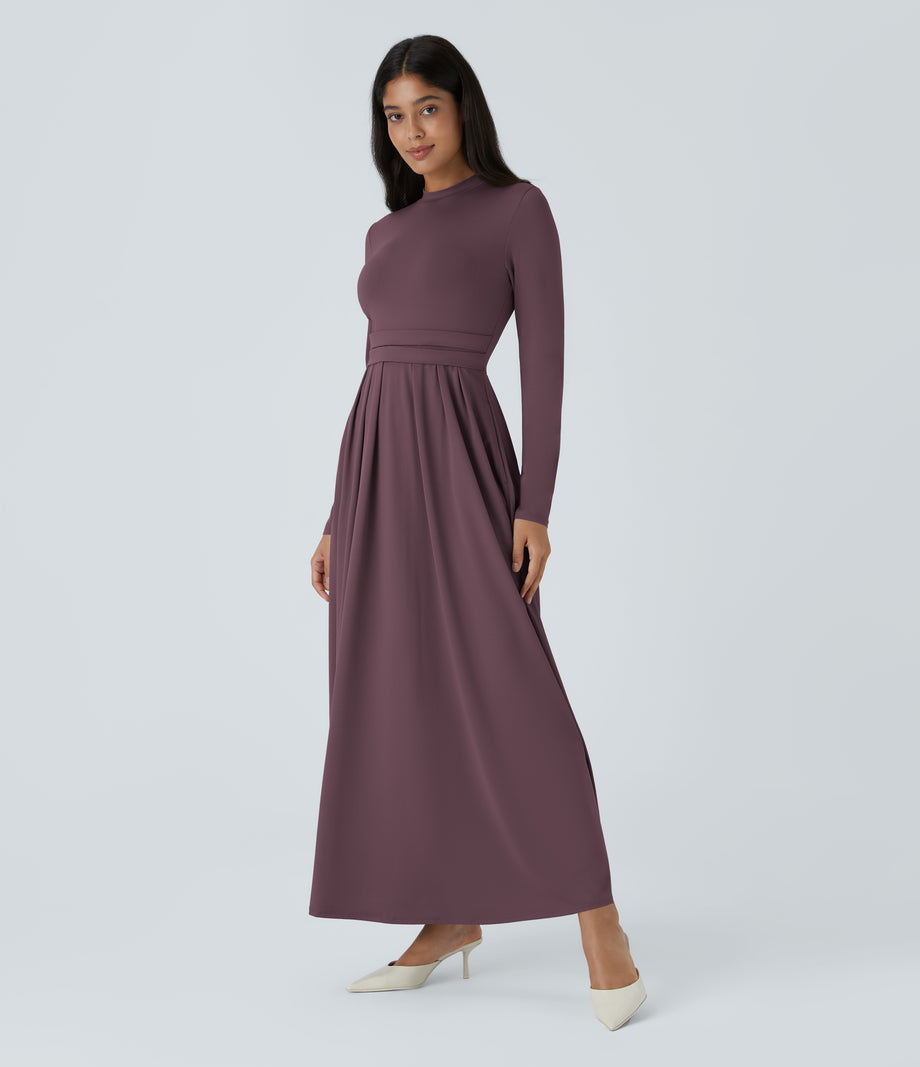 Mock-neck Long Sleeve Pocket Flare Maxi Casual Dress - Plum Wine