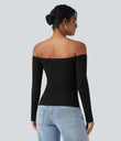 Ribbed Knit Off Shoulder Long Sleeve 2-in-1 Casual Top - Black