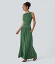 Ribbed Boat Neck Asymmetric Strap Ruched Pocket Flowy Maxi Casual Dress - Dark Verdant Green