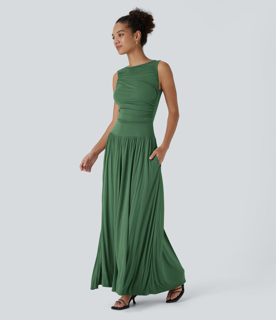 Ribbed Boat Neck Asymmetric Strap Ruched Pocket Flowy Maxi Casual Dress - Dark Verdant Green