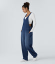 Halara Flex™ V Neck Pocket Washed Denim Casual Overalls - Serene Blue Denim