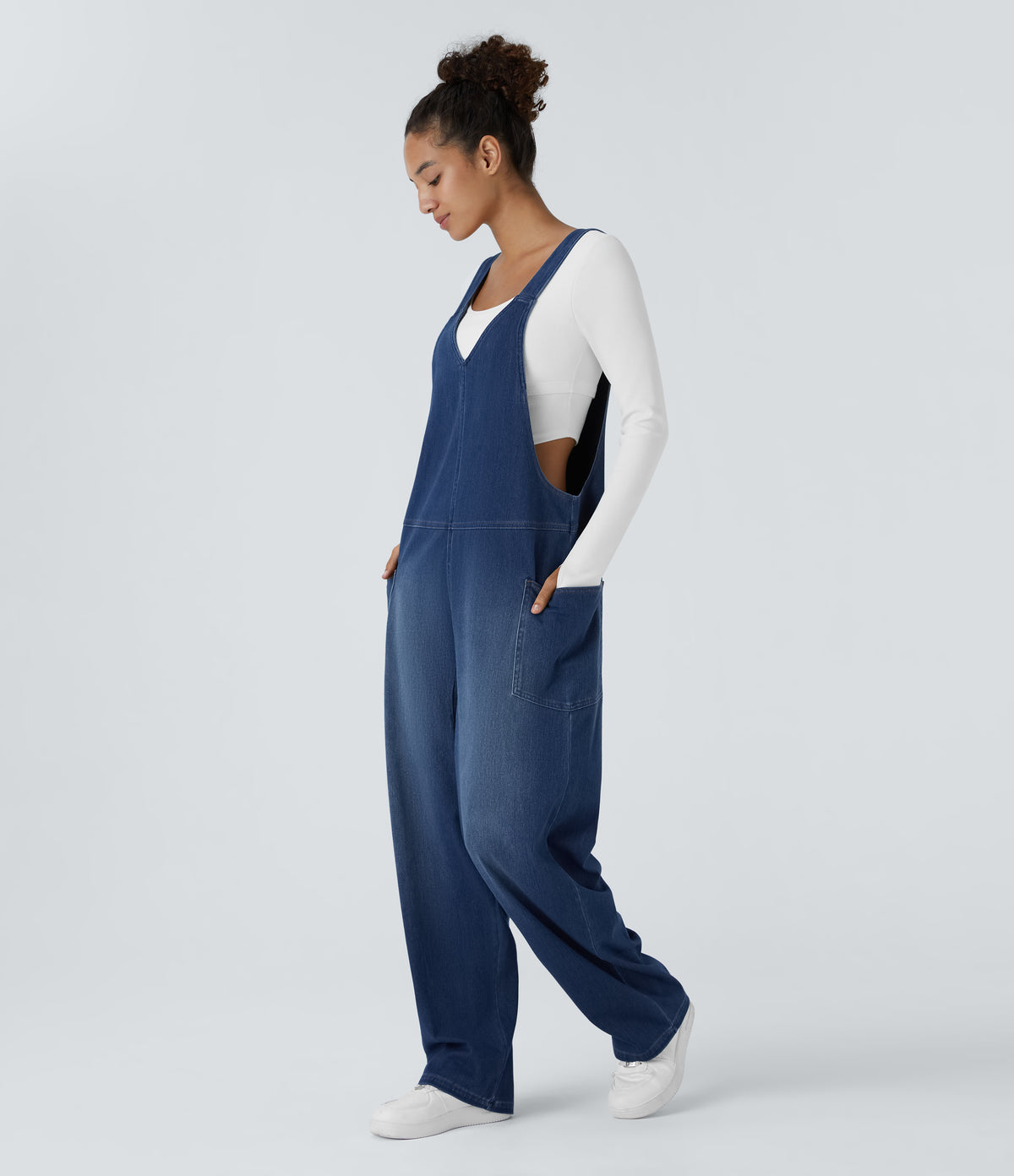 Halara Flex™ V Neck Pocket Washed Denim Casual Overalls - Serene Blue Denim