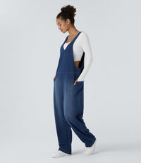 Halara Flex™ V Neck Pocket Washed Denim Casual Overalls - Serene Blue Denim
