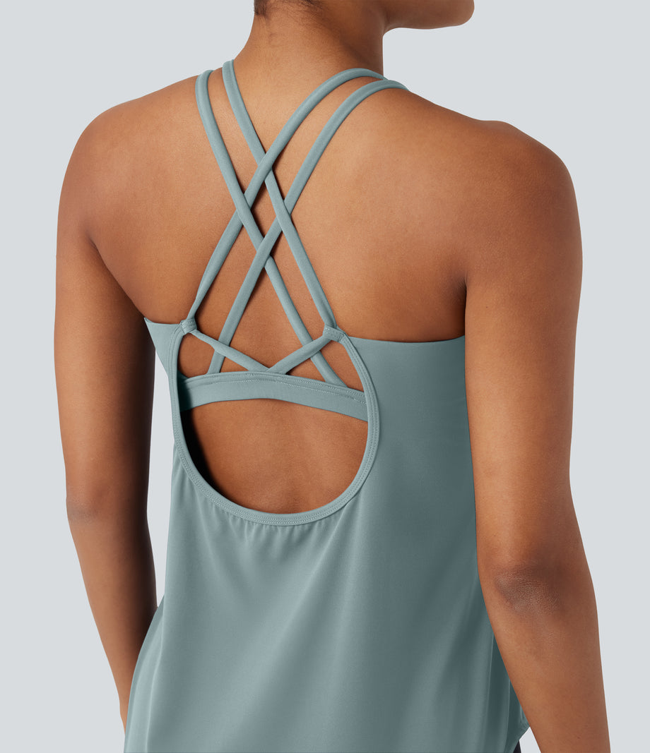 Halara UltraSculpt™ Round Neck Crisscross Back Running Tank Tops DD-F Cups - Ether
