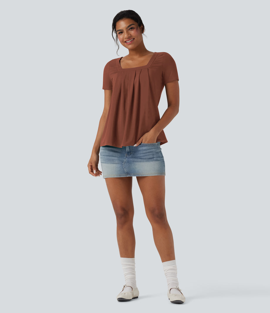 Square Neck Short Sleeve Casual Top - Maple Syrup