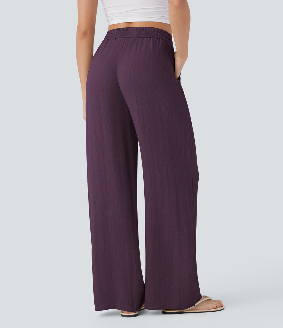 High Waisted Drawstring Pocket Wide Leg Baggy Casual Linen-Feel Pants - Italian Plum