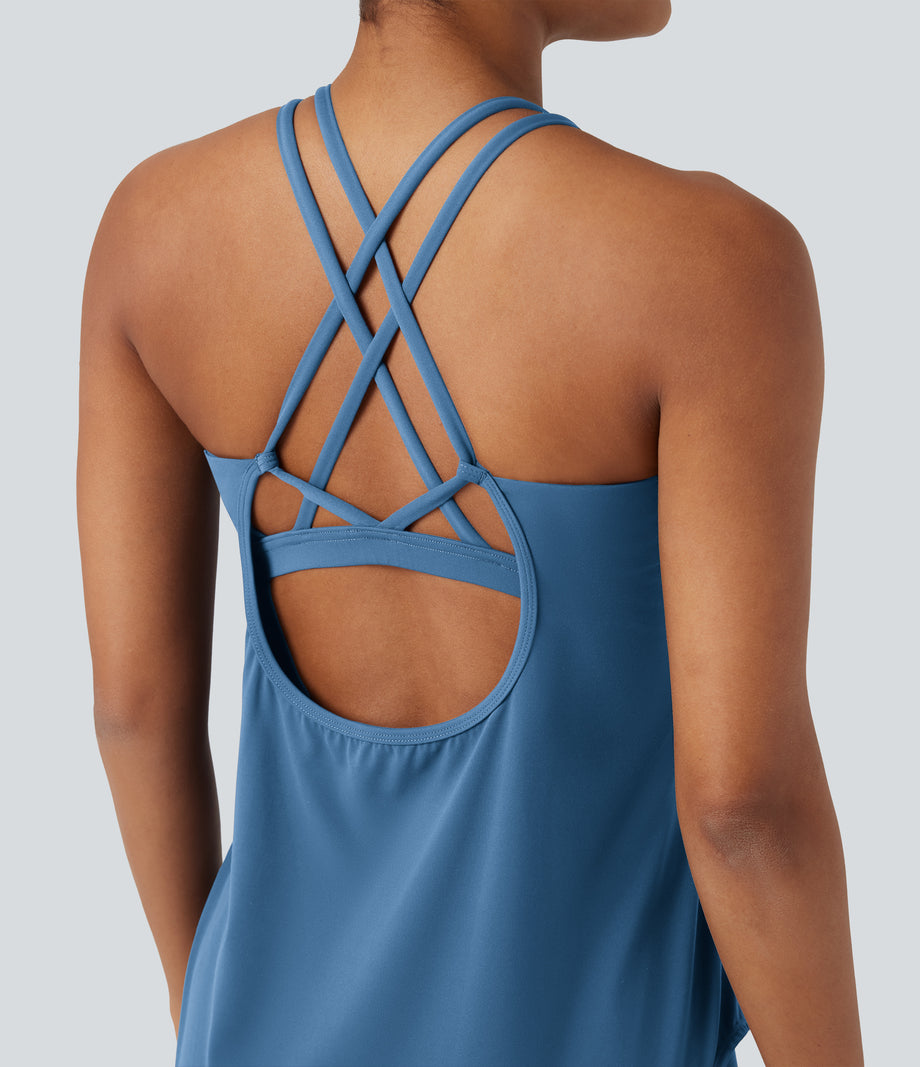 Halara UltraSculpt™ Round Neck Crisscross Back Running Tank Tops DD-F Cups - Pacific Coast