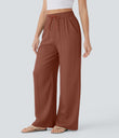 High Waisted Drawstring Pocket Wide Leg Baggy Casual Linen-Feel Pants - Sequoia