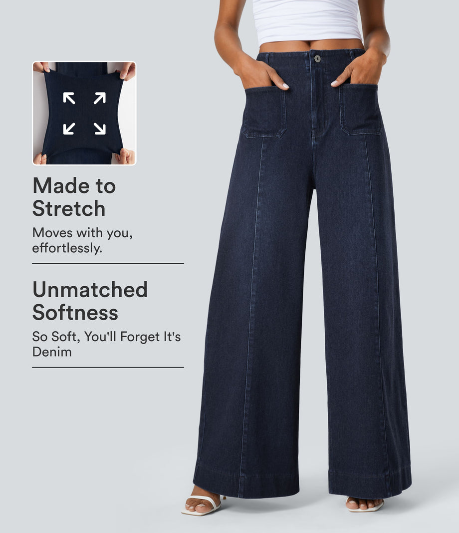 Halara Flex™ High Waisted Pockets Washed Casual Wide Leg Jeans - Deep Blue Water Denim