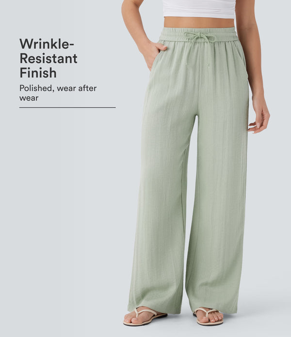 High Waisted Drawstring Pocket Wide Leg Baggy Casual Linen-Feel Pants