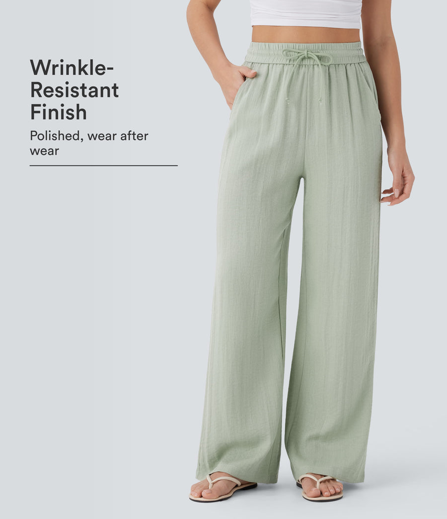 High Waisted Drawstring Pocket Wide Leg Baggy Casual Linen-Feel Pants