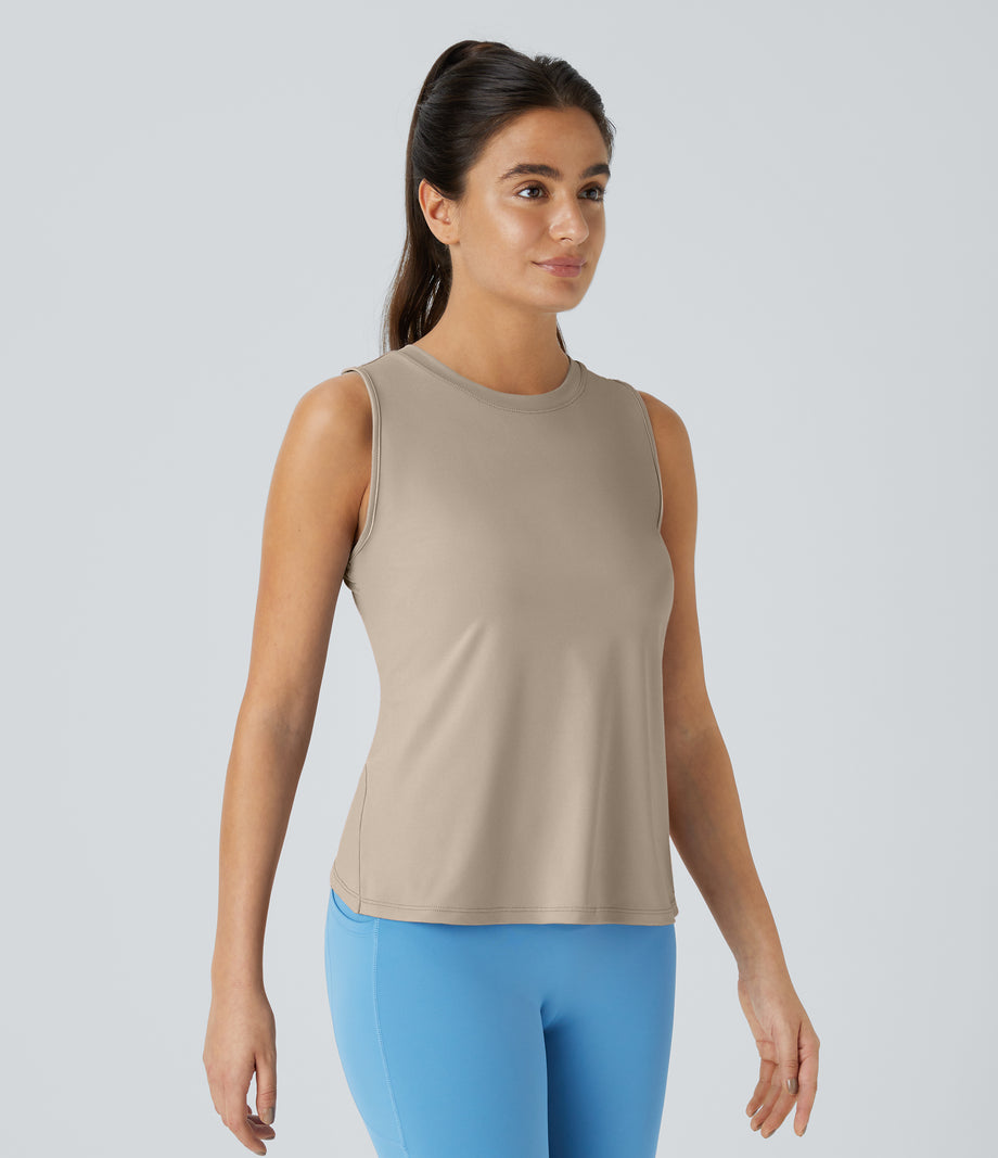 Cut Out Crossover Hem Solid Yoga Tank Top - Humus