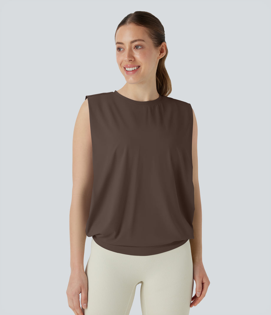 Round Neck Ruched Cool Touch Yoga Tank Top-UPF50+ - Chocolate Martini
