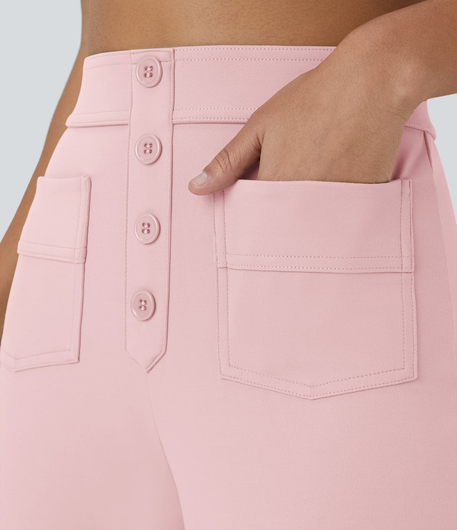 DayStretch High Waisted Pockets Straight Leg Casual Pants - Primrose Pink