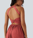 Twisted Backless Split Flowy Maxi Resort Dress with Pockets - Poinsettia Floral Yarn