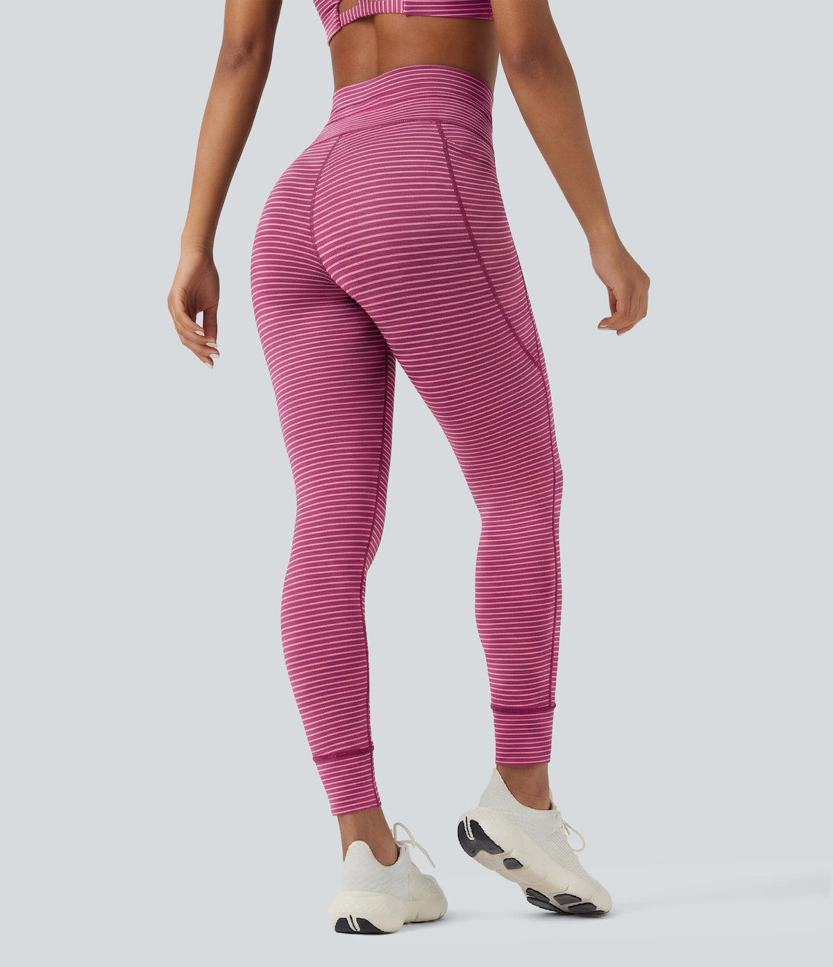 High Waisted Drawstring Striped Yoga Leggings with Pockets - Berry Stripe