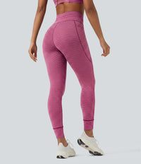 High Waisted Drawstring Striped Yoga Leggings with Pockets - Berry Stripe