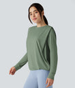 Round Neck Long Sleeve Ruched Yoga Sports Top-UPF50+ - Hedge Green