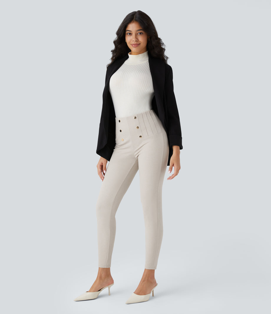 High Waisted Tummy Control Decorative Back Zipper Pockets Herringbone Work Leggings - Moonbeam