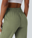High Waisted Zipper Pocket Cropped Linen-Feel Pants - Catkin Green