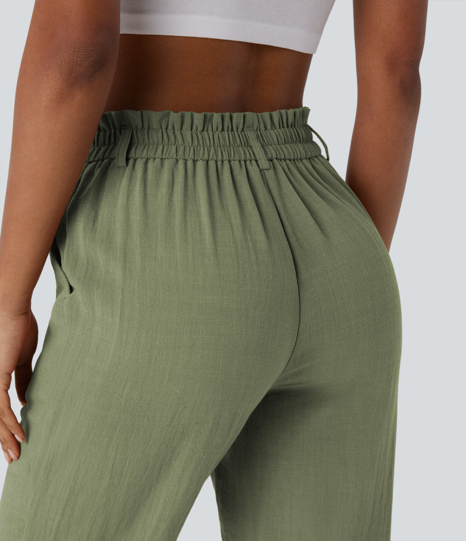 High Waisted Zipper Pocket Cropped Linen-Feel Pants - Catkin Green