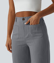 High Waisted Straight Leg Casual Linen-Feel Pants with Pockets - Obsidian Weave