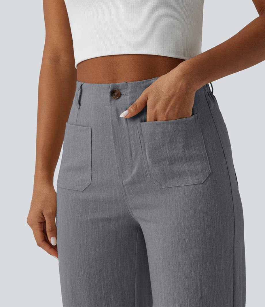 High Waisted Straight Leg Casual Linen-Feel Pants with Pockets - Obsidian Weave