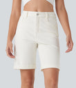 Halara Flex™ High Waisted Pockets Rolled Hem Washed Denim Casual Bermuda Shorts - Bright White Denim