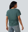 V-neck Short Sleeve Ruched Relaxed Casual Top - Jade Green Floral Yarn