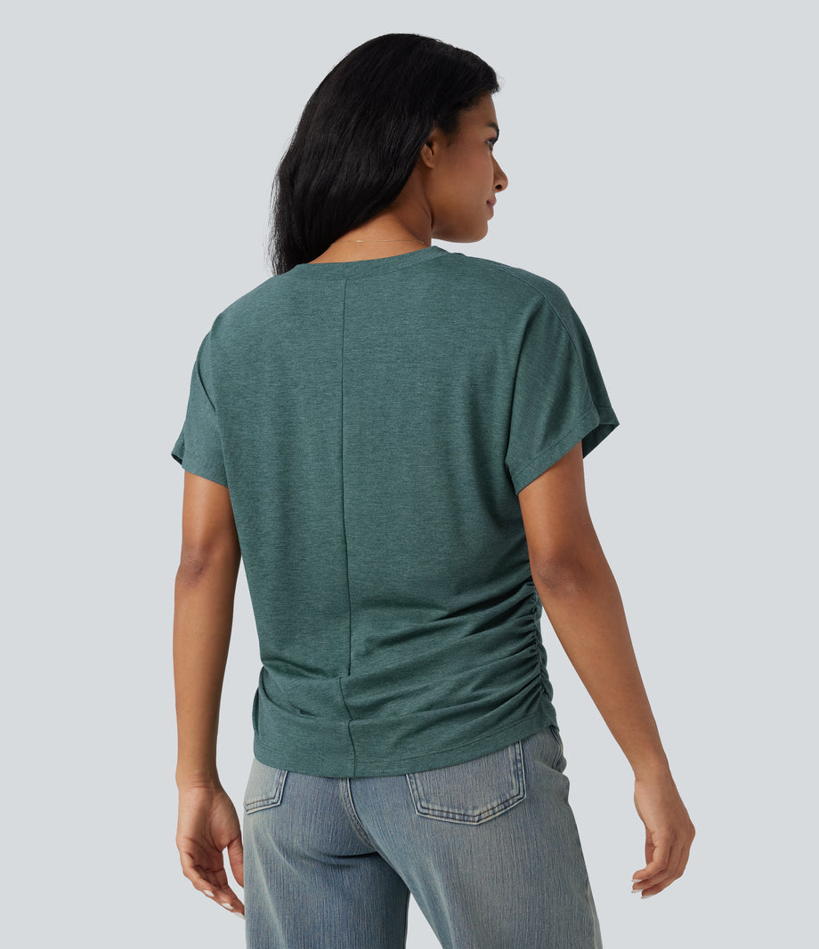 V-neck Short Sleeve Ruched Relaxed Casual Top - Jade Green Floral Yarn