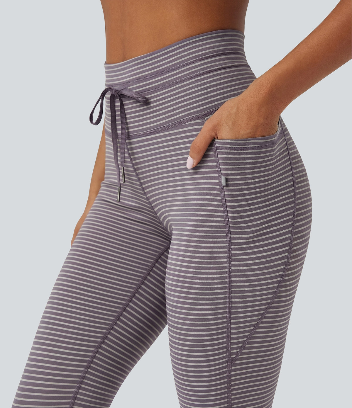 High Waisted Drawstring Striped Yoga Leggings with Pockets - Charcoal Stripe