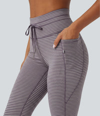 High Waisted Drawstring Striped Yoga Leggings with Pockets - Charcoal Stripe