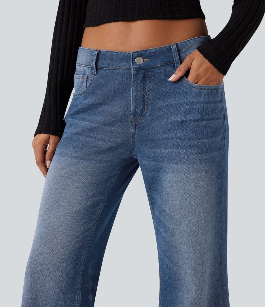 Halara Flex™ Low Rise Flare Washed Casual Jeans with Pockets - Tide Blue Denim