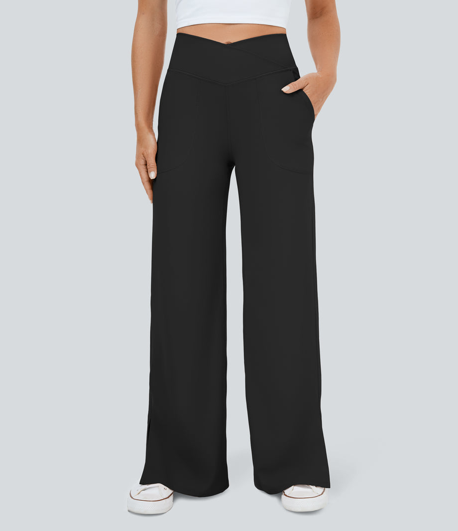 DayStretch Crossover Pocket Hem Wide Leg Yoga Pants-Smile - Black