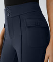 High Waisted Side Flap Pocket Flare Casual Cargo Pants - Midnight Blue