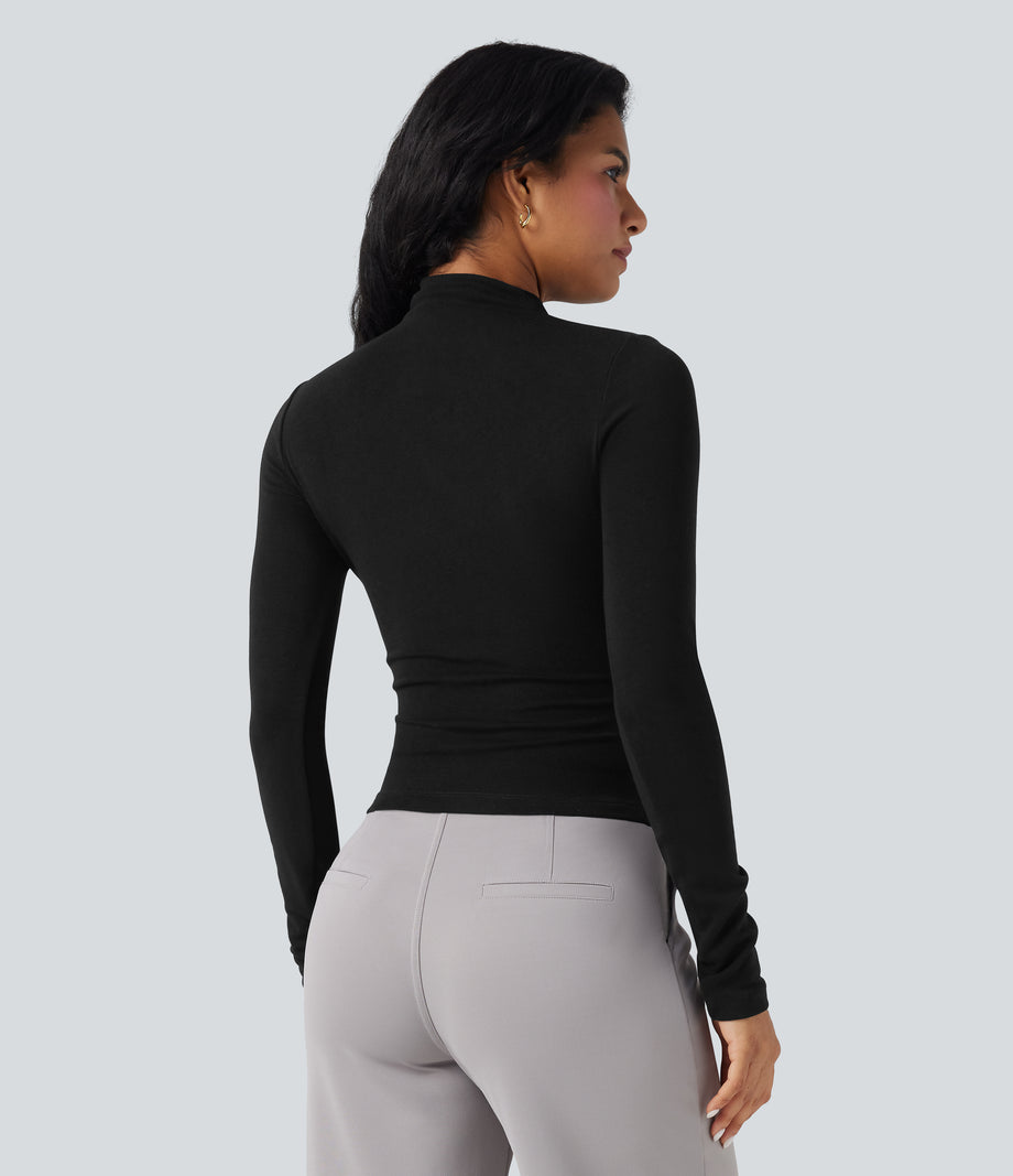 Mock-neck Long Sleeve Ruched Asymmetric Hem Thermal Casual Top - Black