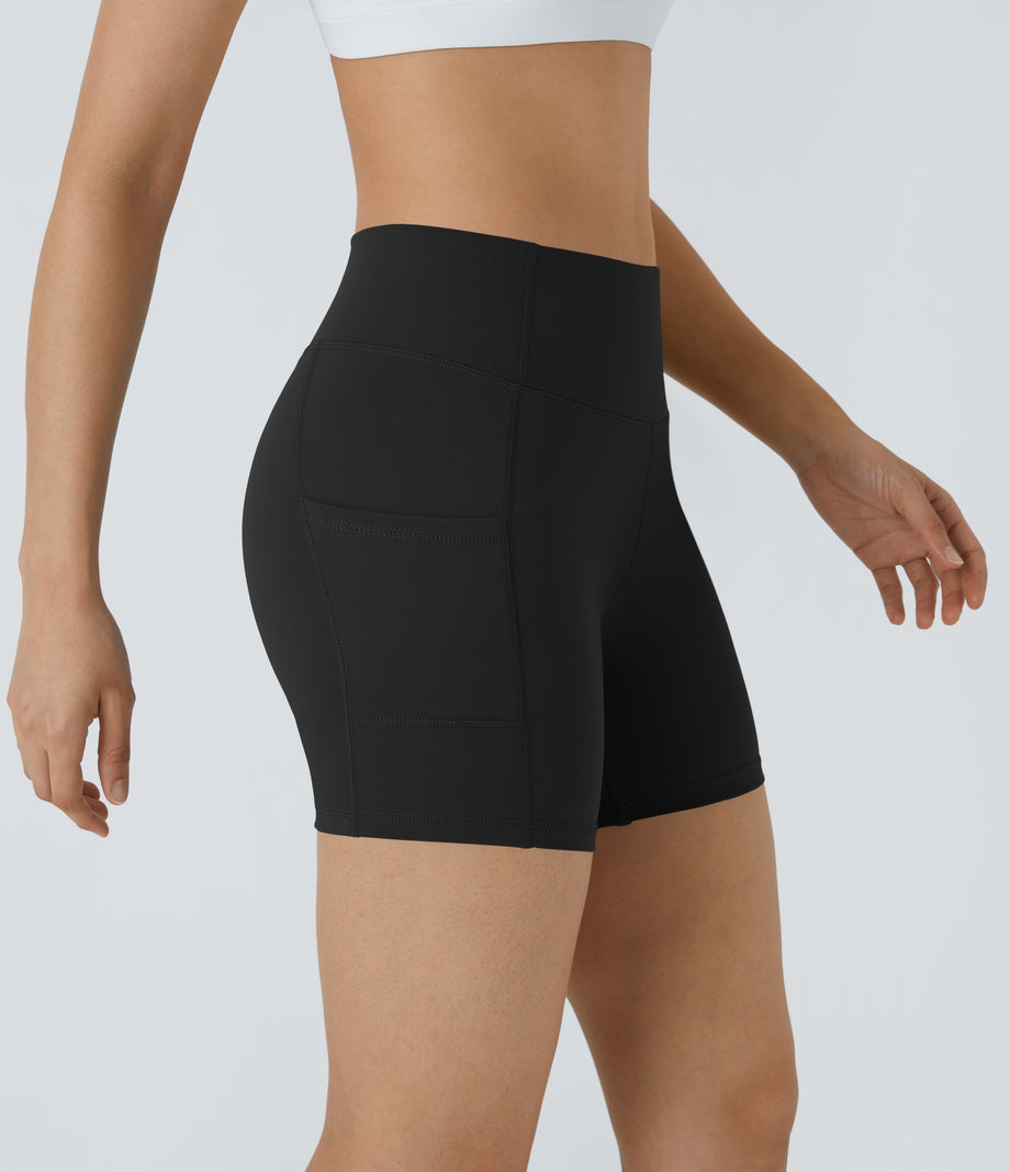 High Waisted Pocket Running Biker Shorts - Black