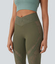 SoftlyZero™ High Waisted Crossover Pocket Contrast Lace Flare Yoga Leggings - Grass Grey Green