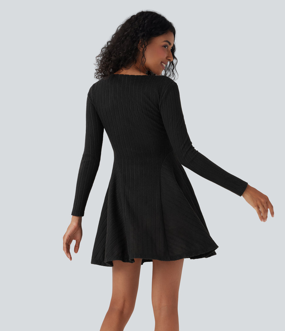 Ribbed Knit V Neck Long Sleeve Flare Mini Casual Dress with Pockets - Black