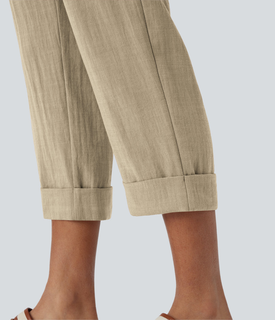 High Waisted Zipper Pocket Cropped Linen-Feel Pants - Fields of Rye
