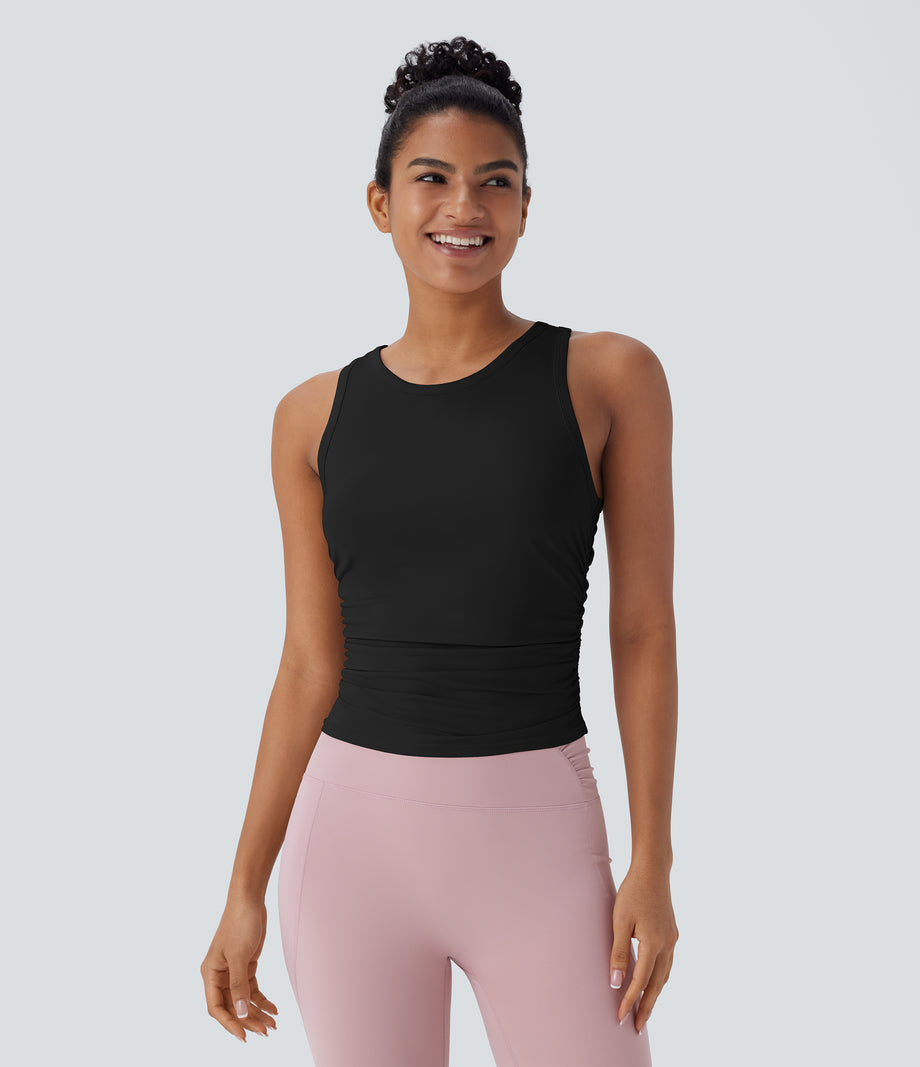 Round Neck Racerback Ruched Yoga Tank Top - Black