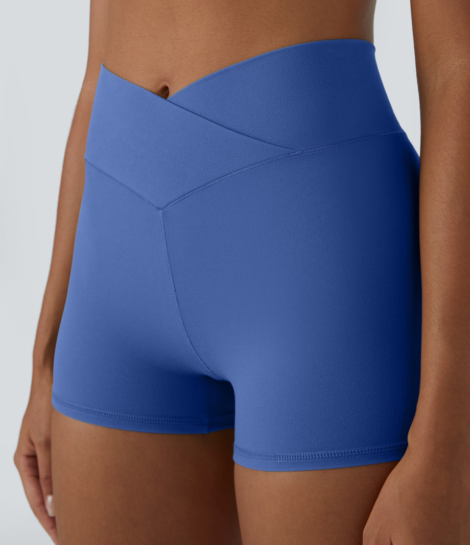 SoftlyZero™ High Waisted Crossover Plain Yoga Biker Shorts 3''-UPF50+ - Beaucoup Blue