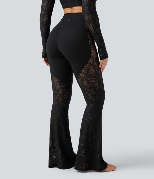 Halara UltraSculpt™ High Waisted Tummy Control Contrast Lace Yoga Flare Leggings with Pocket - Black
