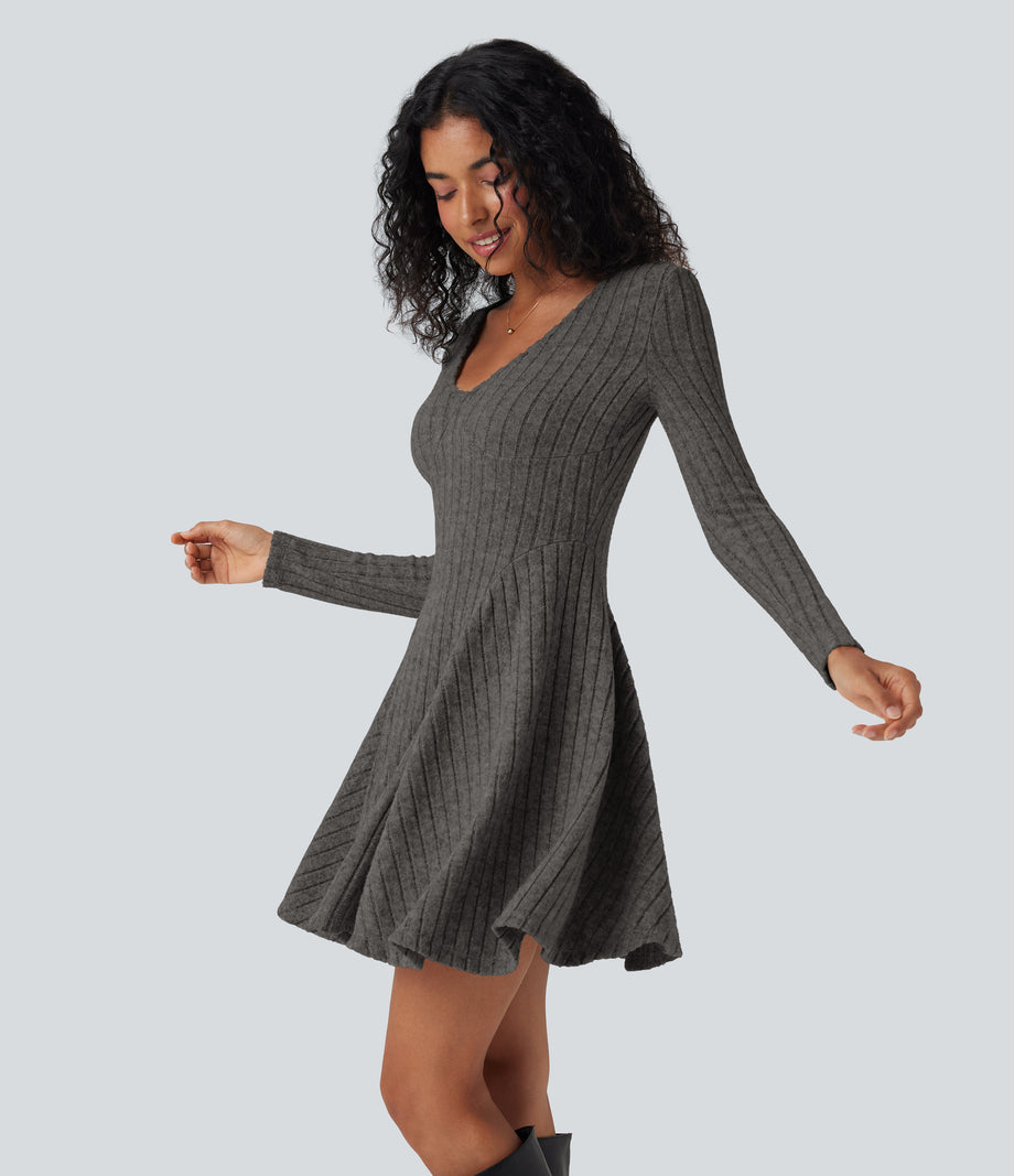 Ribbed Knit V Neck Long Sleeve Flare Mini Casual Dress with Pockets - Mottled Dark Gray