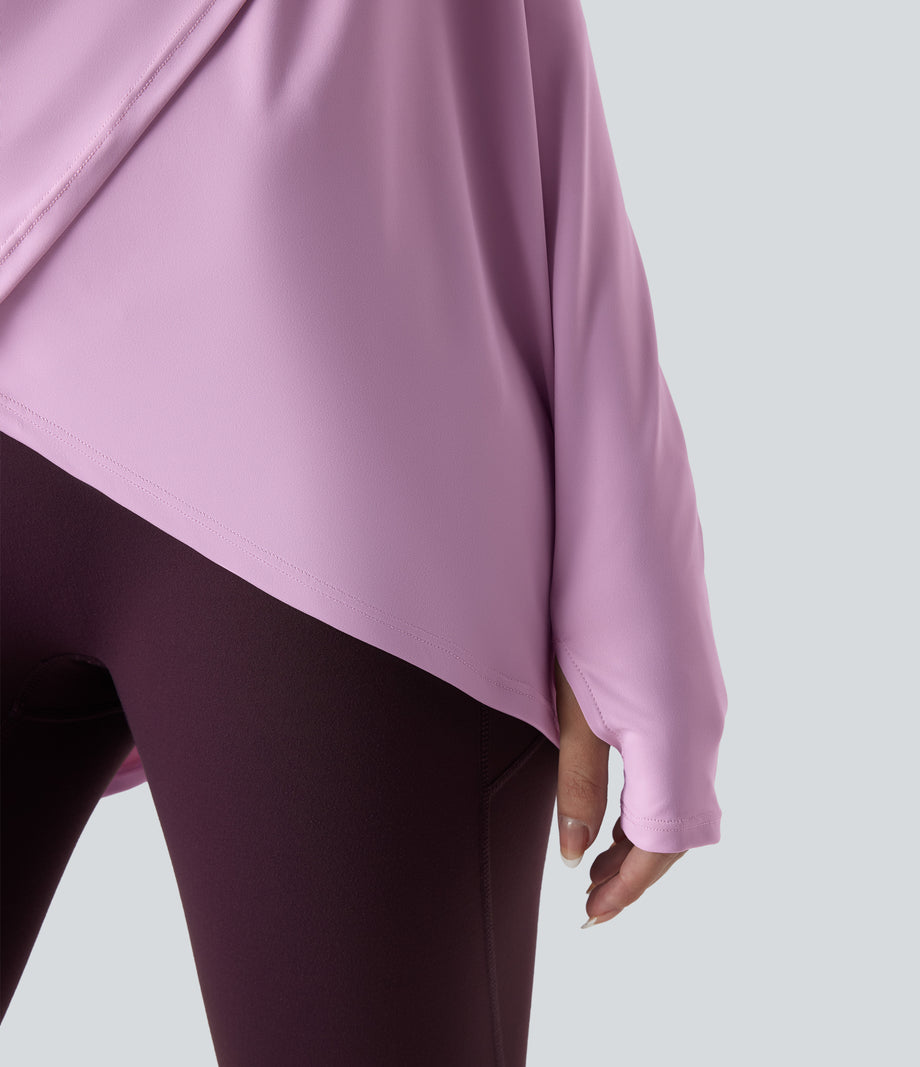 Hooded Cowl Neck Long Sleeve Thumb Hole Yoga Sports Top with Pockets - Orchid Bouquet