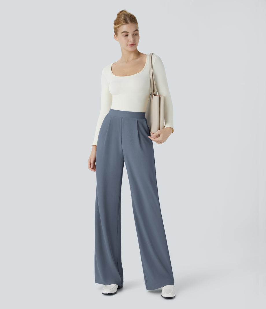 Halara Flex™ High Waisted Body Sculpt Waist-Slimming Pocket Wide Leg Micro Waffle Work Pants - Deep Sea Gray Blue